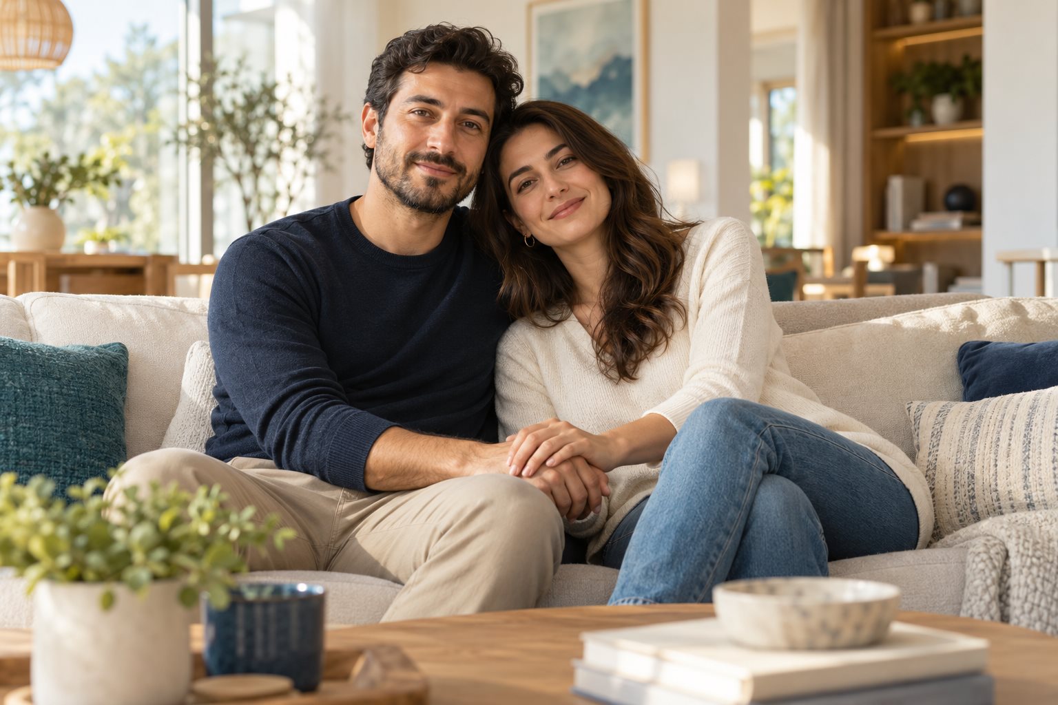 Aydınlık bir evde el ele oturan çift; temsili görsel